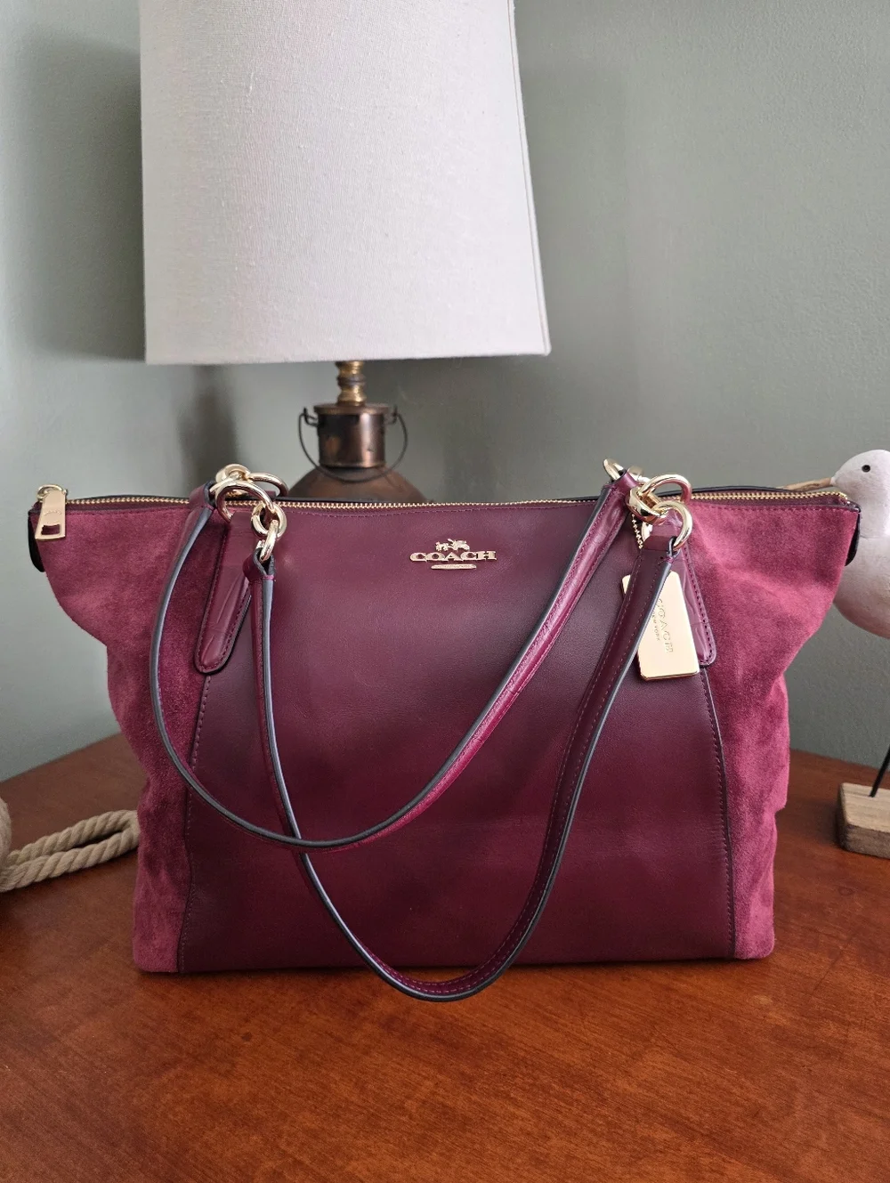 Coach F54579 Ava Tote Oxblood Burgundy Suede Leather Shoulder Bag